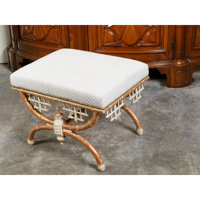 English English Chinese Chippendale Style Faux Bamboo Stool with New Upholstery For Sale - Image 3 of 12