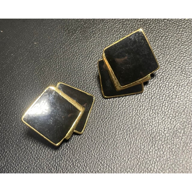 Trifari Vintage 1980s–1990s Trifari Black Enamel & Gold-Tone Geometric Bead Demi-Parure For Sale - Image 4 of 7