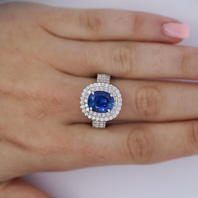 4.73 Carat Grs Certified Oval Blue Sapphire & Double Diamond Halo Ring Size 9 For Sale - Image 4 of 9