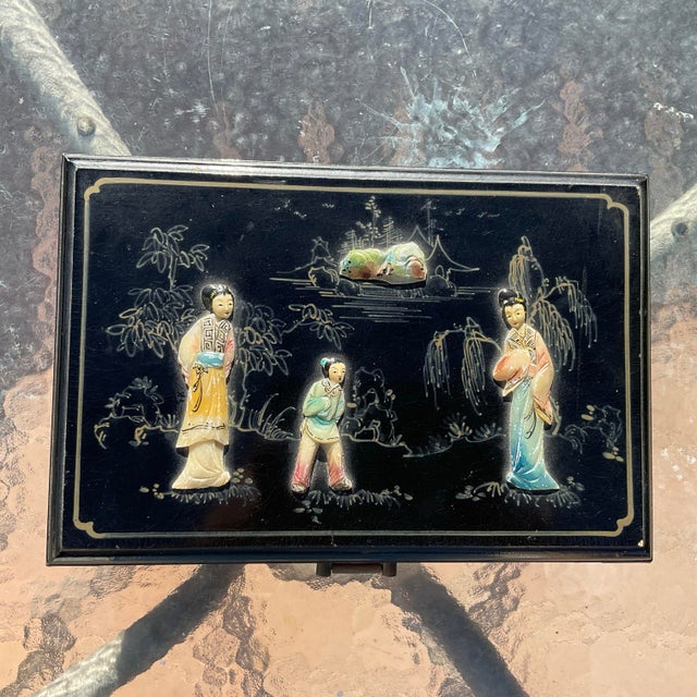 Beautiful ebonized Wooden Jewelry Case with lots of heavy brass hardware and Jade Appliqués. This opens from the top and...