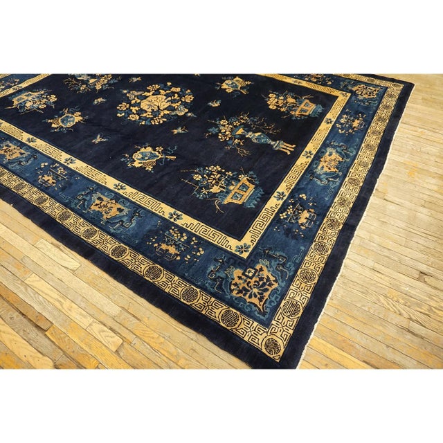 1900s Antique Navy Blue Vase Shou Symbols Traditional Chinese Peking Knotted Rug For Sale In New York - Image 6 of 10