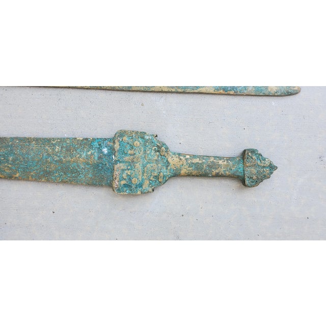 Chinese Mid 20th Century Chinese Long Bronze Swords Taotie Mask Inscription With Dragons- Set of 2 For Sale - Image 3 of 12