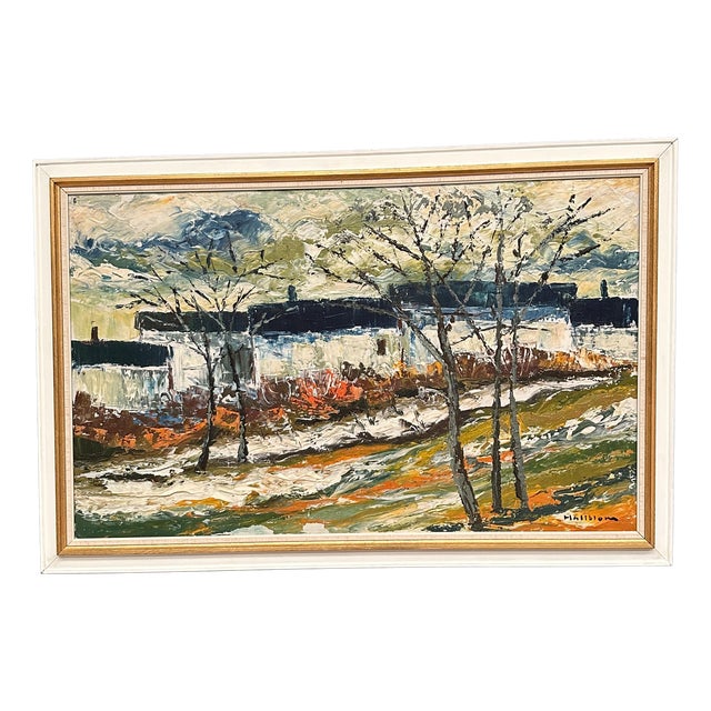 Stig Hallblom, Landscape with Houses and Trees, 1950s, Oil Painting on Panel, Framed For Sale