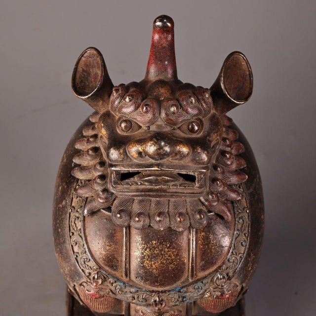Early 20th Century Antique Bronze Guardian Lion Censer – 11.8" Foo Dog Incense Burner on Pedestal For Sale - Image 5 of 7