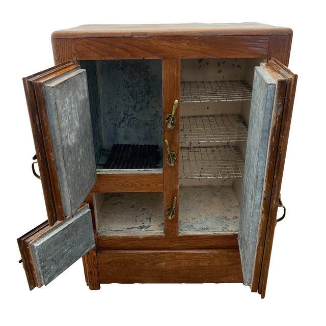 Arts & Crafts Antique Ice Box Three Storage Cabinets, Oak, Brass Latches, Three Racks, 1920's For Sale - Image 3 of 13