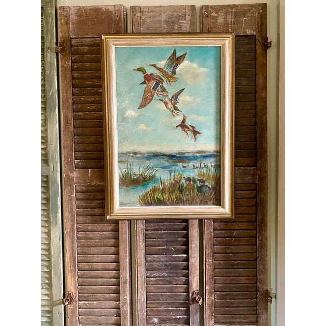 Waterfowl Ducks Hunting Scene Framed Oil on Canvas by Mildred Niesse For Sale - Image 10 of 17