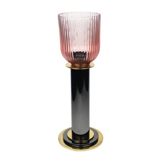 1980s Brass, Grey Metal and Pink Glass Candle Holder by Lorin Marsh For Sale
