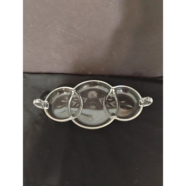 Vintage 1930s New Martinsville Glass sectioned glass platter. Platter has 3 overlapping sections and 2 small interior...