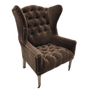 Mid 20th Century Vintage French Country Button Tufted Wingback Parlor Chair Newly Upholstered in Mohair For Sale