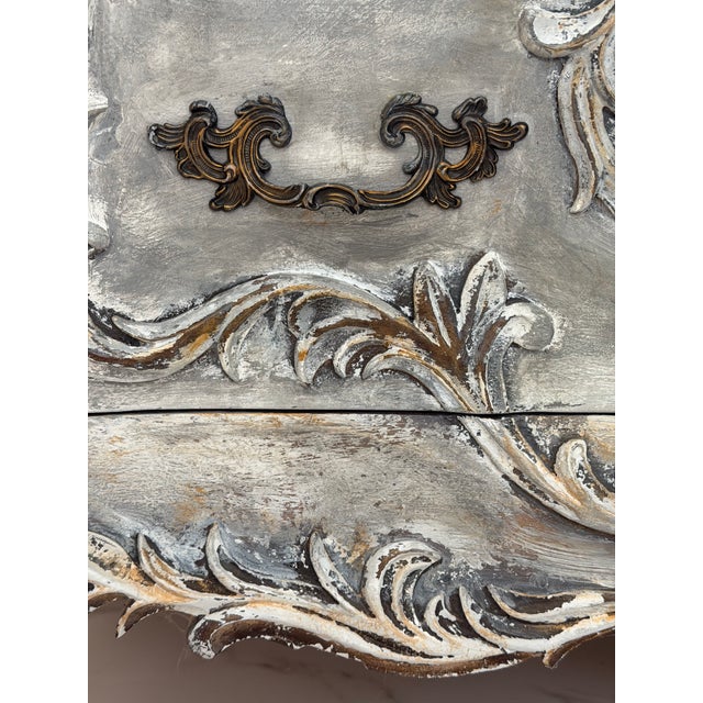 Gray French Provincial Silver Carved Bombé Chest – Rococo Floral Details – Vintage For Sale - Image 8 of 9