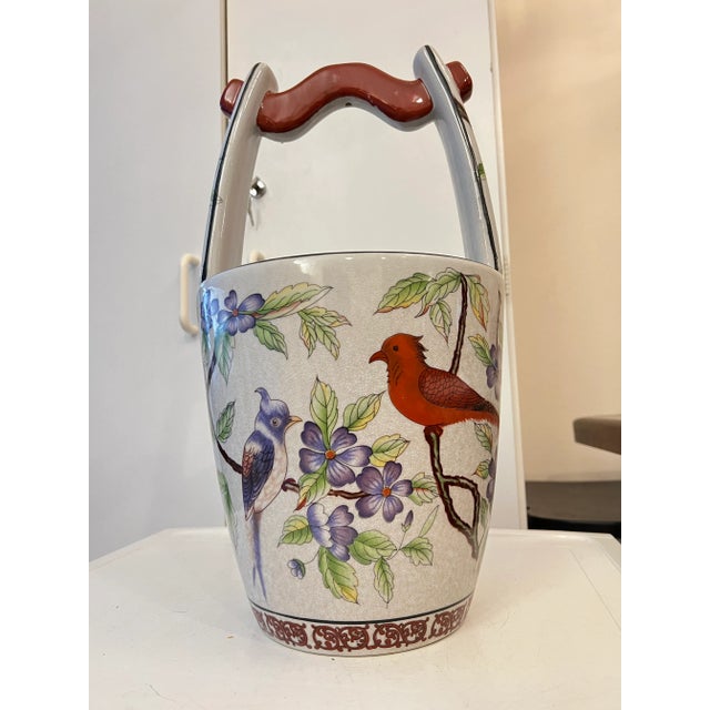Vintage Floral & Bird Ceramic Water Bucket Vase/Planter For Sale - Image 12 of 12