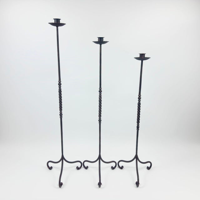 Black Hand Forged Iron Candelabra Set of 3 (93-113cm) Antique Copper Finish Barley Twist Stem with Socket and Drip Plate For Sale - Image 8 of 9