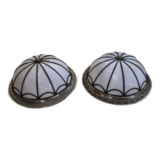 1940 Leaded Glass and Silver Plated Flush Mount For Sale