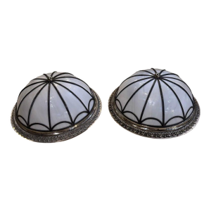 1940 Leaded Glass and Silver Plated Flush Mount