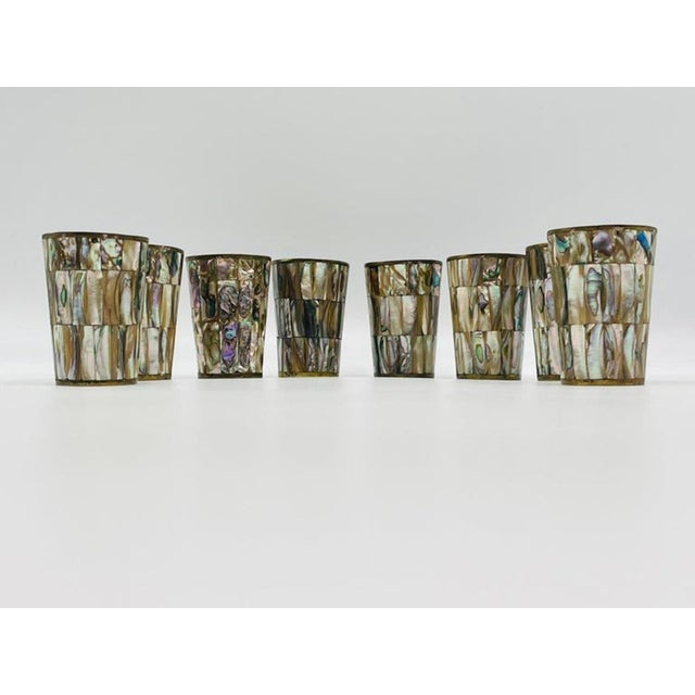 1960s Mexican Brass and Abalone Shell Pitcher Set With Tray and Eight Cups - 10 pcs For Sale - Image 15 of 18