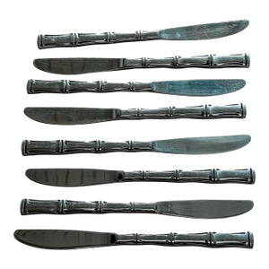 Vintage Set of 8 Stainless Steel Chrome Bamboo Knife Set