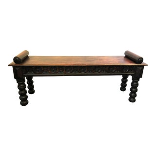 19th Century English Colonial Carved Wood Hall Bench With Rolling Pin Turned Arms For Sale