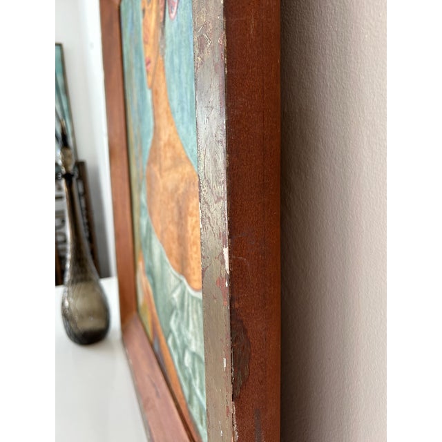 Large 40" Vintage Framed Portrait of a Gypsy Woman in Ruffled Blue Dress For Sale - Image 4 of 8