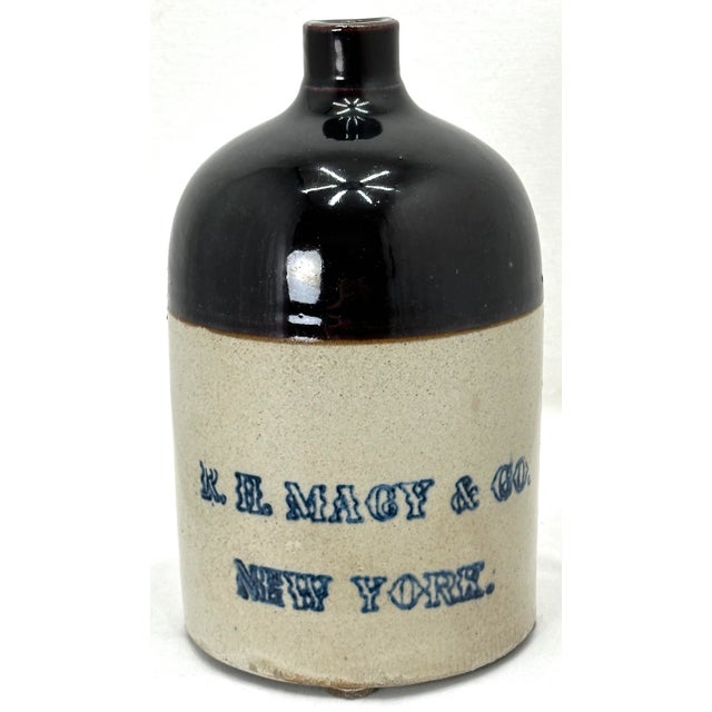 Navy Blue Antique American Blue Decorated Stoneware 1 Gallon Advertising Spirits Jug From Macys New York City For Sale - Image 8 of 13