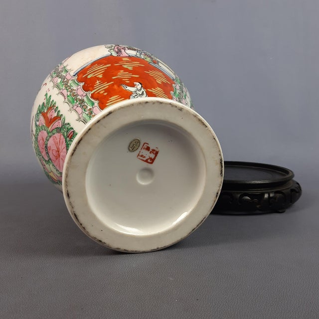 Wood Vintage Hand-Painted Potiche Porcelain Vase with Wooden Base, 1950s For Sale - Image 7 of 16