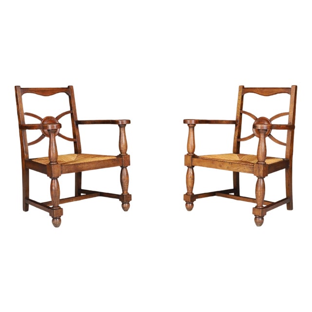 French Art Deco Armchairs in Oak and Rush, 1930s, Set of 2 For Sale