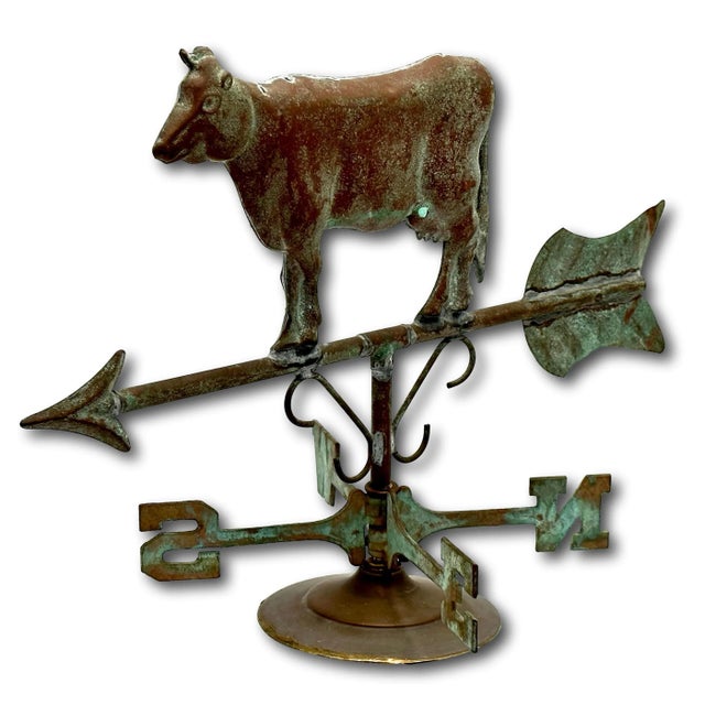 Very Decorative Vintage Mid Century Copper & Brass Cow Weathervane With Wind Directional - Mounted for Display For Sale - Image 4 of 12