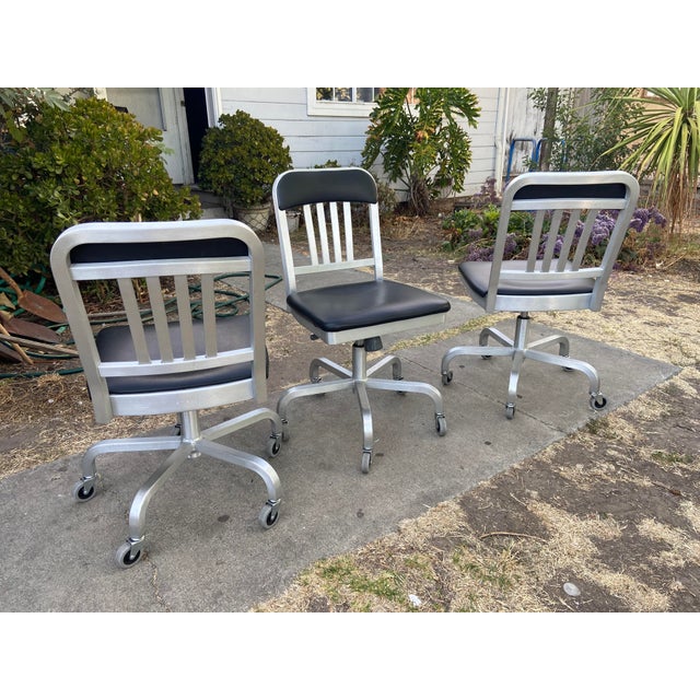 Emeco 1022 Aluminum Leather Navy Semi Upholstered Swivel Chairs Set of 3 For Sale - Image 11 of 18