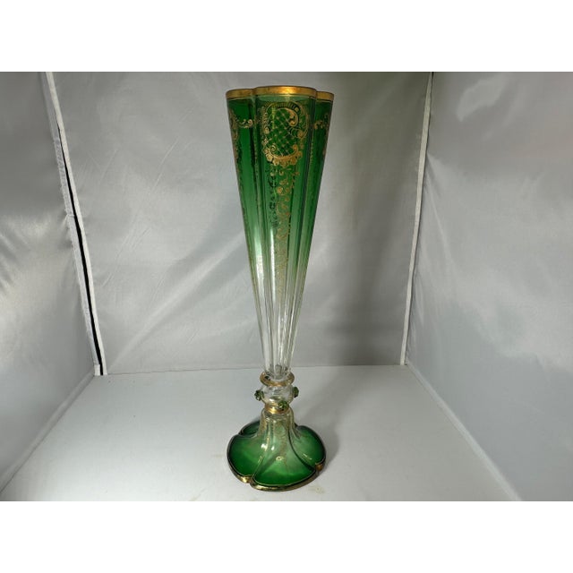 Early 20th Century Antique Moser Green to Clear Trumpet Vase: Bohemian Gold Gilt Decor (18.5") For Sale - Image 5 of 10