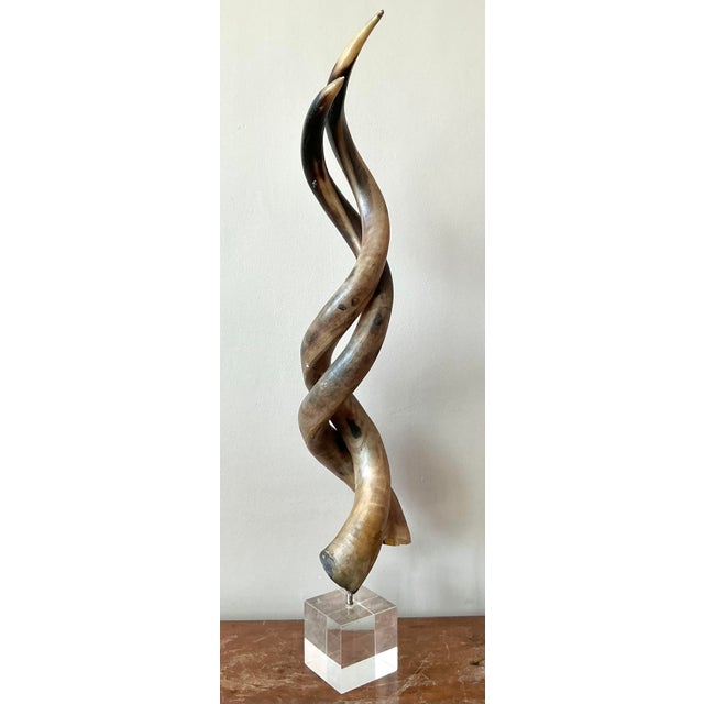 Mid-Century Modern Vintage Boho Twisted Horn Sculpture on Lucite For Sale - Image 3 of 7