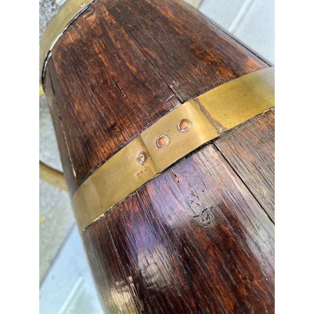 Brown Late 19th Century Antique Large French Country Oak Pitcher Brass Band Wine Barrel Umbrella Stand For Sale - Image 8 of 8