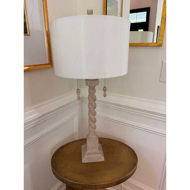 French Country Late 20th Century Barley Twist Bleached Wood Table Lamp With Linen Drum Shade For Sale - Image 3 of 6