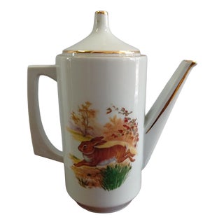 French Porcelain Coffee Pot with Hunting Scene Decoration and Gilding from PF, France, 1950s For Sale