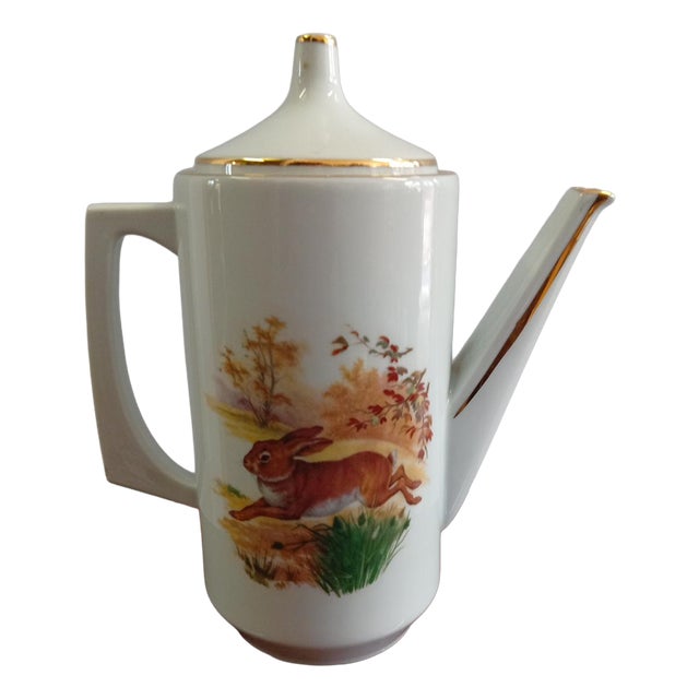 French Porcelain Coffee Pot with Hunting Scene Decoration and Gilding from PF, France, 1950s For Sale