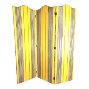 Fabric Covered 3 Fold Upholstered Dressing Screen in Striped Canary Yellow From the Estate of the Iconic Polly Mellen Fashion Editor