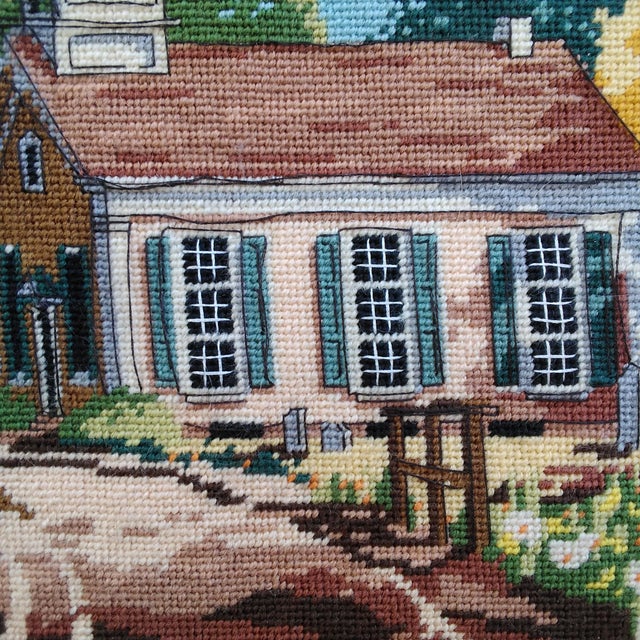 1970s 1970s Framed Needlepoint Country Scene Church With Steeple For Sale - Image 5 of 12