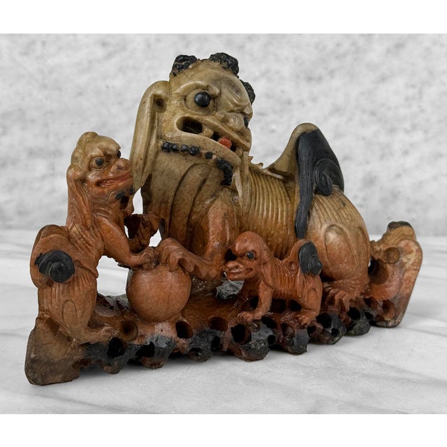 Early 20th Century Antique 9" Traditional Chinese Soapstone Foo Dog & Cubs Sculpture For Sale - Image 5 of 10