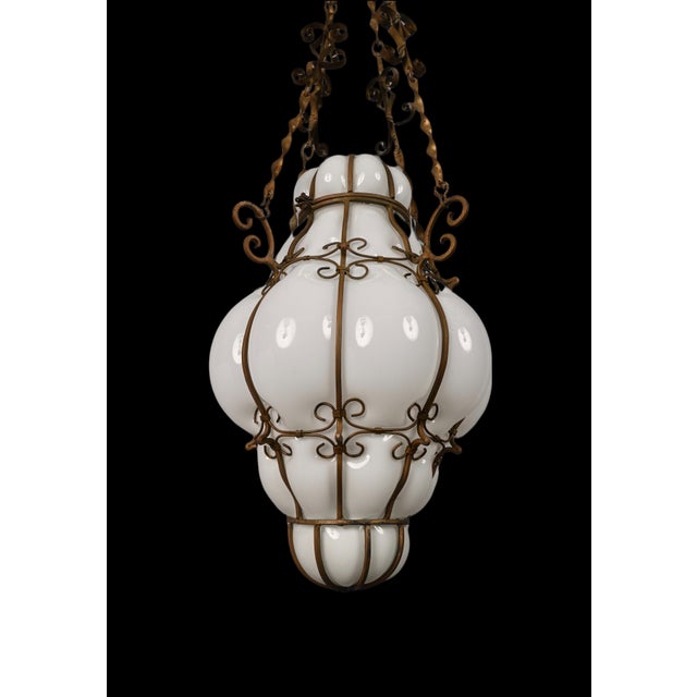 Brown Mid-Century Venetian Brass and Mouth Blown Murano White Glass Chandelier, 1940s For Sale - Image 8 of 18