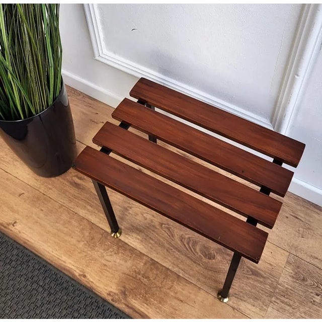 Mid-Century Modern Italian Metal Base Brass Feet Wooden Slat Stool, 1970s For Sale - Image 3 of 7