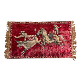 Vintage Western Rodeo Cowboy Pictorial Tapestry With Fringe For Sale
