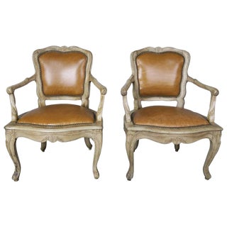 Pair of French Louis XV Style Carved Bleached Walnut and Leather Armchairs For Sale