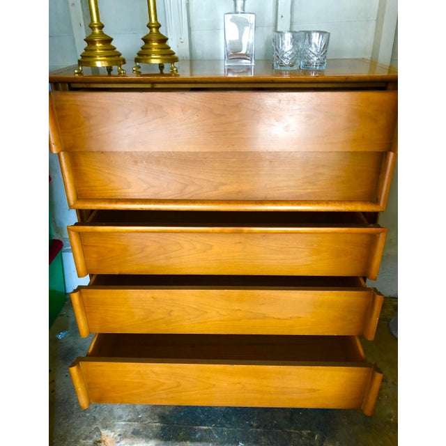 Gorgeous unusual five drawer vintage mid century danish walnut chest, two upper drawers, three lower, handsome legs,...