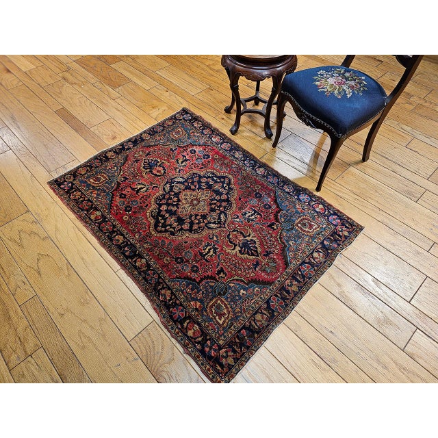 Vintage Persian Sarouk Area Rug, Hand-Knotted Wool, Floral Medallion, 3x5, Red & Turquoise For Sale - Image 14 of 14