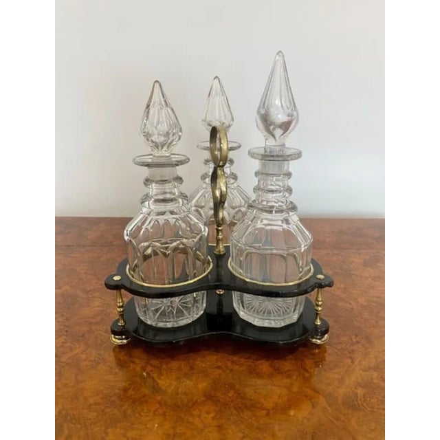 Antique Victorian Decanter Stand with Three Original Cut Glass Decanters, 1860, Set of 4 For Sale - Image 4 of 6