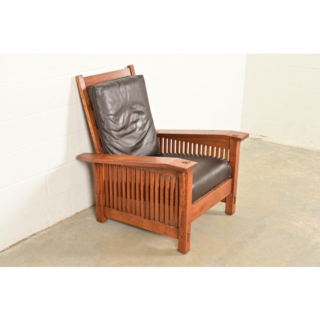 L. & J.G. Stickley, Inc. Stickley Mission Oak Arts & Crafts Spindle Reclining Morris Lounge Chair For Sale - Image 4 of 12