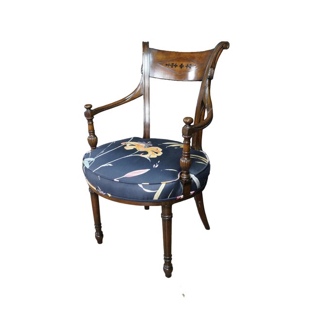 English 2 Antique English Sheraton Regency Style Mahogany Inlaid Floral Silk Arm Chairs For Sale - Image 3 of 18