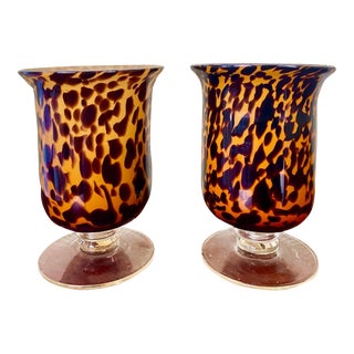 Vintage Pair of Art Glass Tortoise Style Hurricane Candle Holders For Sale