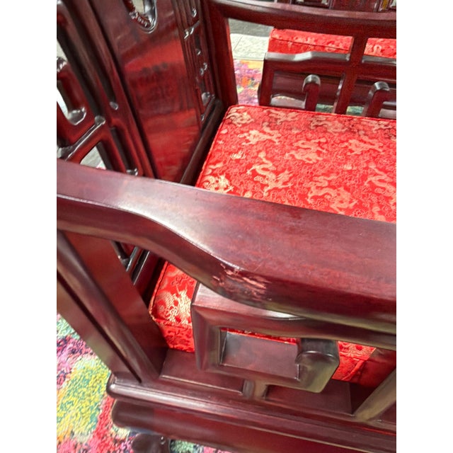 Red Vintage Chinese Rosewood Armchair With Hand-Carved Dragon Medallion and Red Silk Cushion For Sale - Image 8 of 10