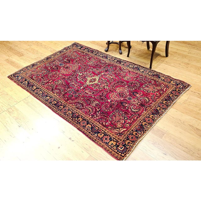 Persian Antique Persian Sarouk Area Rug, Hand-Knotted Wool, Allover Floral Pattern, 4x6, Red & Navy For Sale - Image 3 of 17