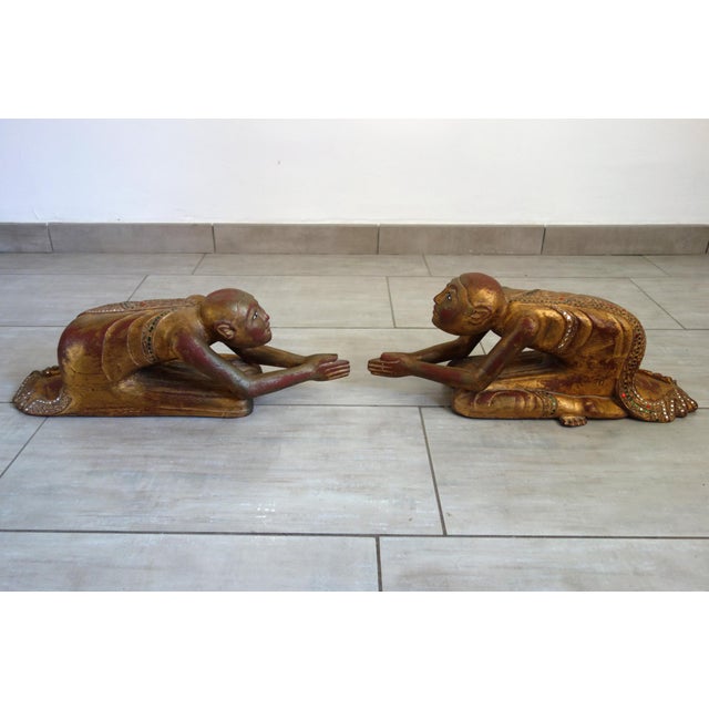 Burmese Artist, Statues of Buddhist Monks in Prayer, 19th Century, Wood, Set of 2 For Sale - Image 6 of 18