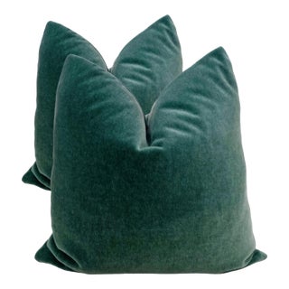 Plush Teal Down Filled Mohair Pillows - A Pair For Sale